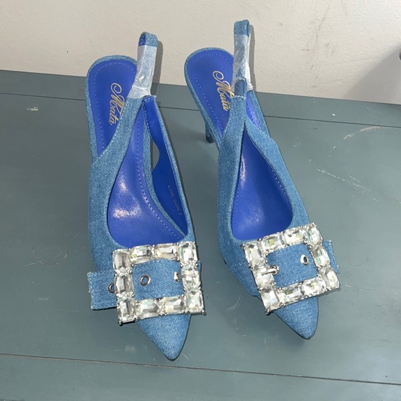 Mata Shoes - Elegant Blue Slingback Heels with Crystal Buckle